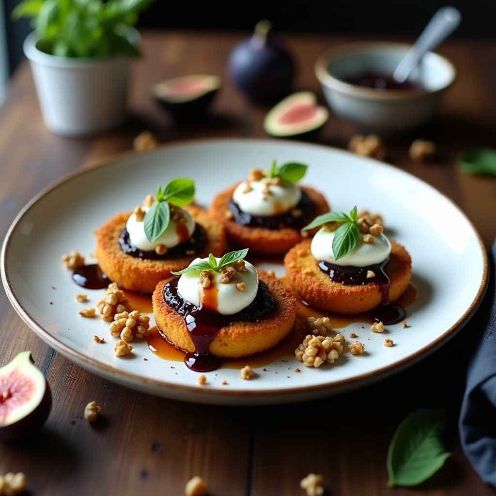 Cechetti de berenjena asada y ricotta con mermelada de higos en Airfryer: rodajas doradas de berenjena crujiente con cremosa ricotta, glaseado de mermelada de higos y vinagre balsámico, decoradas con nueces picadas y albahaca fresca sobre un plato blanco rústico.