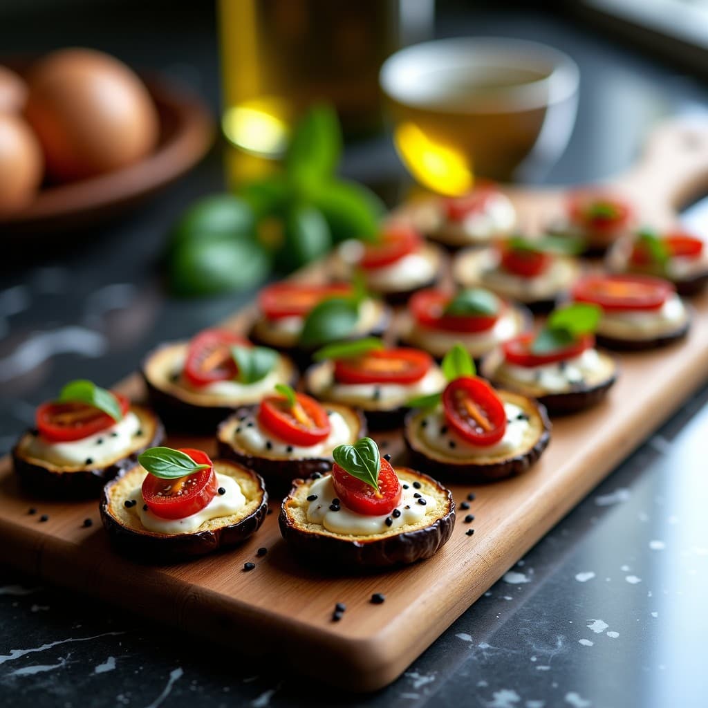 Cechetti de berenjena asada con ricotta de soja y tomates secos sobre tabla de madera rústica, aperitivo italiano vegano con toques dorados y hierbas frescas.