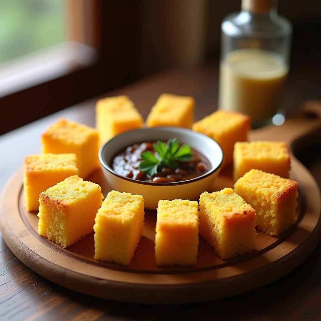 Cechetti de polenta dorados y crujientes en forma de cubo, servidos en una tabla de madera con un bol pequeño de salsa de hongos porcini oscura y brillante, decorados con perejil fresco. Receta italiana en airfryer.