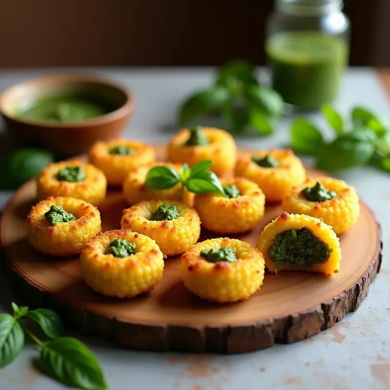 Cechetti de polenta dorados y crujientes rellenos de pesto verde de espinacas y anchoas, servidos en una fuente de madera rústica con hojas de albahaca fresca. Receta italiana keto en airfryer.