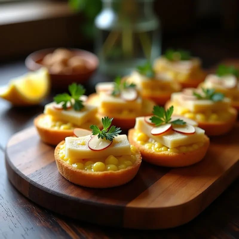 Bocadillos dorados de polenta crujiente rellenos de crema de bacalao, servidos en una tabla de madera con rodajas de limón y perejil fresco. Receta de Cechetti Veneziana con bacalao y polenta.