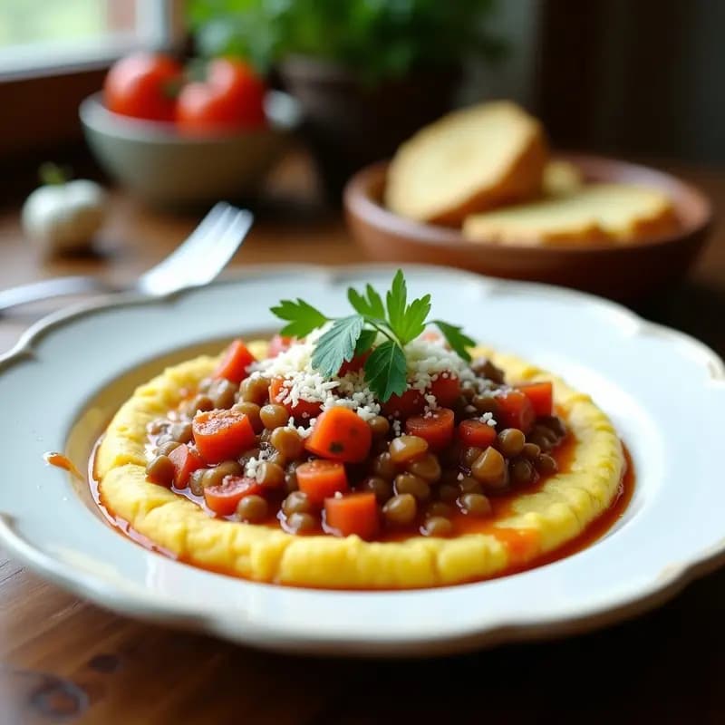 Plato blanco con cechettis de polenta dorados cubiertos de ragu de lentejas y zanahoria, decorado con perejil fresco y queso vegano rallado. Receta italiana vegana y sin gluten.