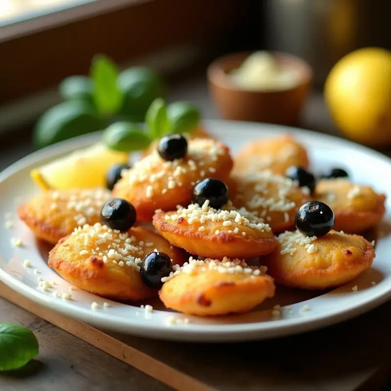 Cechettis de pollo y aceitunas negras con queso pecorino gratinado, dorados y crujientes, servidos en un plato de cerámica blanca sobre fondo de madera rústica, receta italiana en airfryer.
