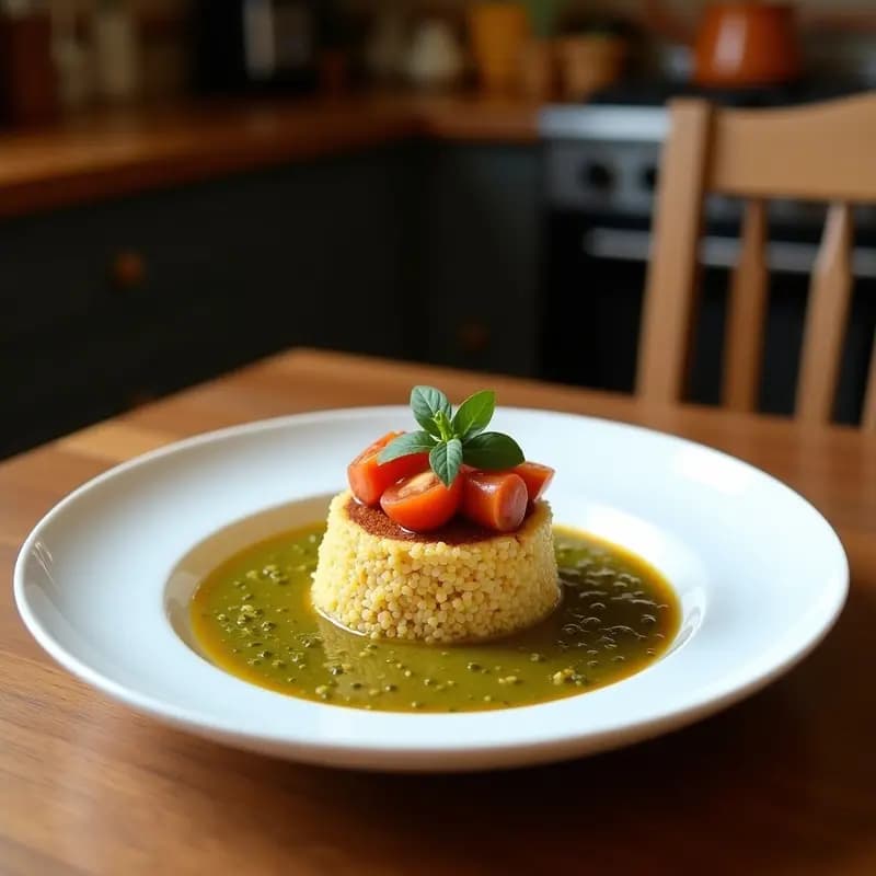 Cechettis de quinoa veganos con relleno de berenjena asada y pesto de tomate seco, servidos en bandeja de madera rústica con hojas de albahaca fresca y aceite de oliva virgen extra.