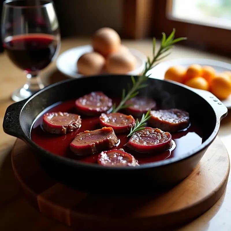 Plato de cecina al vino tinto en sartén de hierro, con trozos de carne dorada bañados en salsa oscura y brillante, acompañados de cebolla morada y romero fresco.