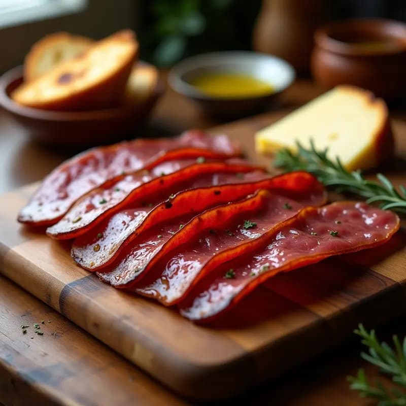 Tabla de madera rústica con láminas finas de cecina de ternera ahumada, marinada con especias, acompañada de pan tostado y queso curado. Receta de cecina de ternera marinada y ahumada en casa.