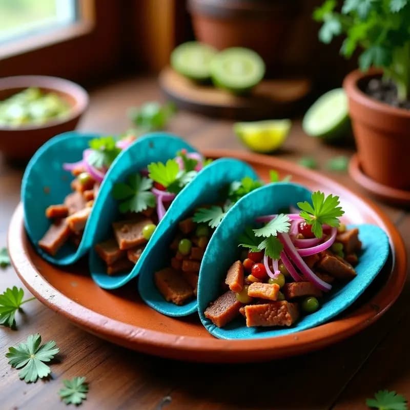 Tacos azules rellenos de cecina enchilada en trozos, con cebolla morada picada, cilantro fresco y salsa verde, servidos en un plato de barro tradicional mexicano.