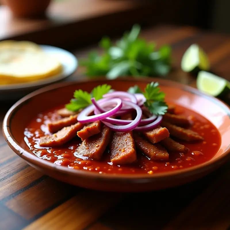 Plato de cecina encurtida michoacana con tiras de carne de res dorada, cebolla morada en juliana y salsa roja de chiles, servida en un plato de barro tradicional.