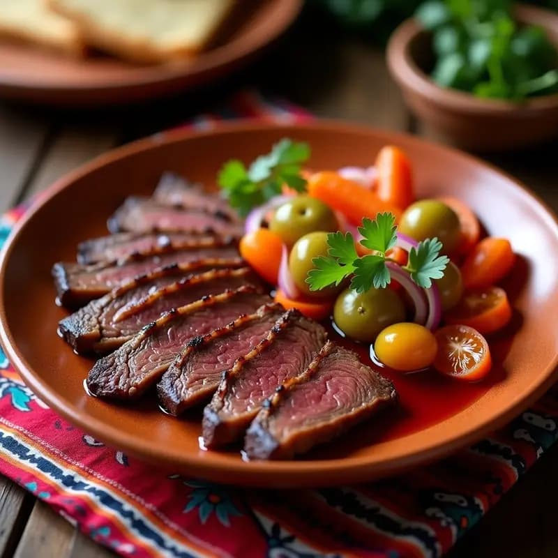 Plato tradicional mexicano con cecina de res dorada y crujiente, acompañada de encurtidos de cebolla morada, zanahoria y jitomate verde en vinagre, servida en un plato de barro rústico.