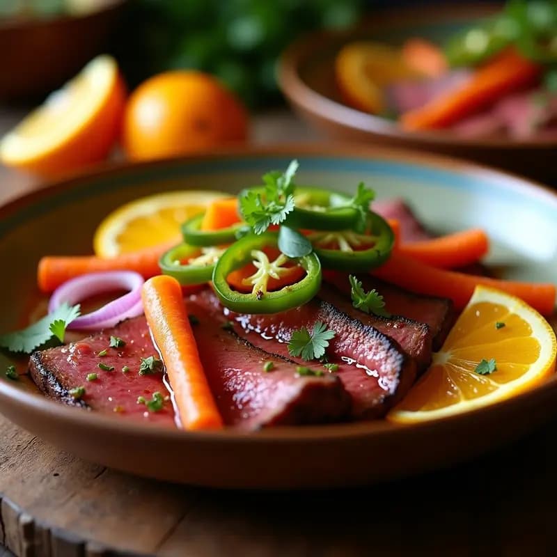 Plato colorido con cecina de res salteada, encurtidos de zanahoria, cebolla morada y jalapeños, acompañados de gajos de naranja y cilantro fresco, receta mexicana rápida y alta en proteína.