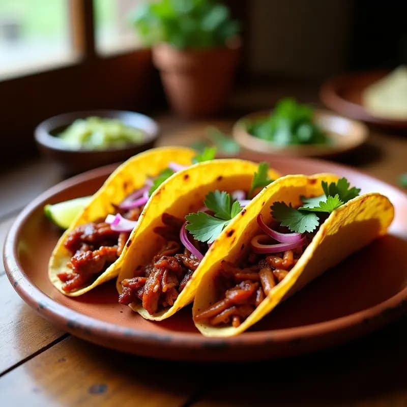 Tacos dorados rellenos de cecina mechada jugosa y especiada, con cebolla morada picada y cilantro fresco, servidos en plato de barro con salsa verde al lado.
