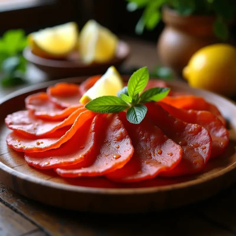 Plato de madera rústico con tiras finas de cecina de ternera andina, color rojizo intenso por el achiote, acompañadas de hierbabuena fresca y rodajas de limón.
