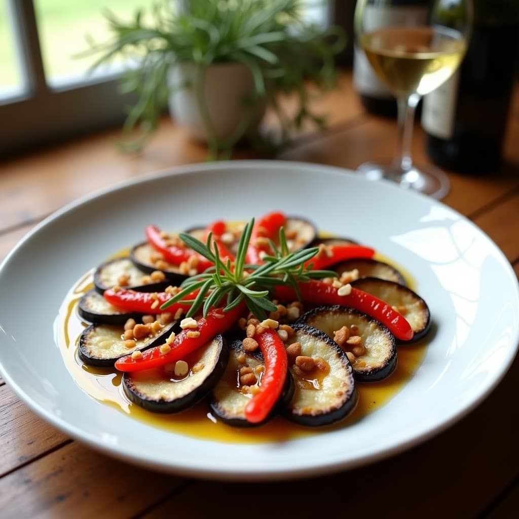 Plato ovalado de cerámica blanca con cehegín de berenjena y pimientos asados, rodajas de berenjena doradas intercaladas con tiras de pimiento rojo asado y cebolla morada caramelizada, bañado en vinagreta brillante de miel y decorado con almendras tostadas y romero fresco. Entrante vegano murciano tradicional.