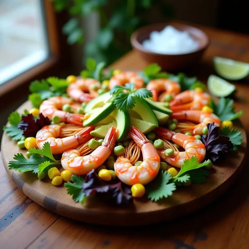 Tabla de madera rústica con ceiche de camarón al limón y aguacate en el centro, rodeado de cebolla morada, cilantro, maíz tostado y hojas de lechuga. Plato frescop y colorido típico de la cocina peruana.