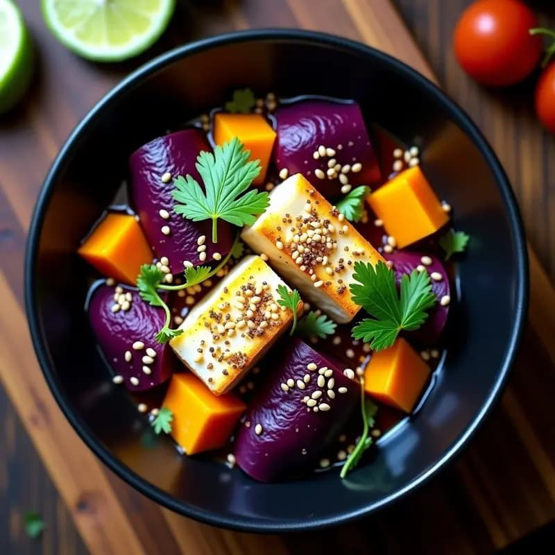 Plato hondo de cerámica negra con ceiche peruano de pescado blanco marinado en leche de tigre, acompañado de rodajas de camote morado asado, maíz morado, hojas de lechuga morada y ajonjolí tostado espolvoreado. Decorado con rodajas de limón verde y culantro fresco.