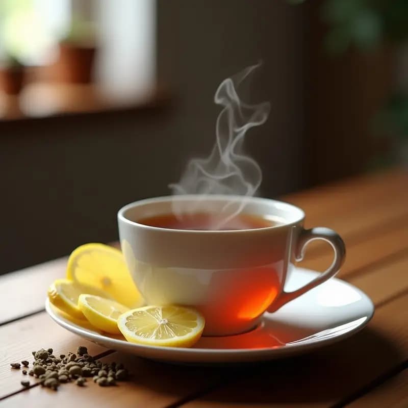 Taza de porcelana blanca con té Ceilán humeante, rodajas de limón y jengibre fresco en primer plano, receta energizante y digestiva.