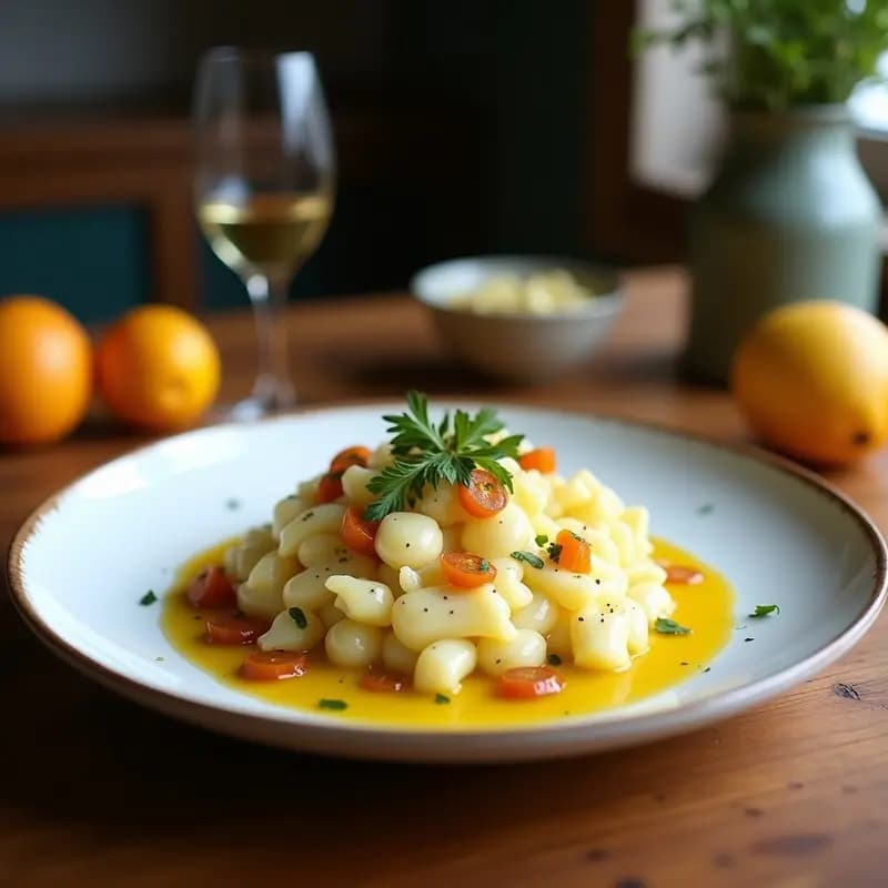Ensalada Celeriac Remoulade con Manzana y Apio servida en un plato blanco hondo, con julianas de celeriac, manzana verde y apio bañadas en una vinagreta cremosa, decorada con alcaparras, perejil fresco y rodajas de manzana.