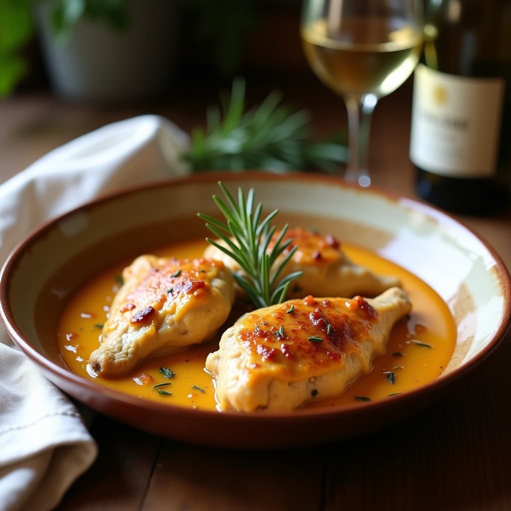 Plato hondo de cerámica blanca con cesana de pollo al vino blanco y romero, trozos de pollo dorado bañados en salsa cremosa y aromática, decorado con una ramita de romero fresco. Receta italiana en olla exprés con toque gourmet.