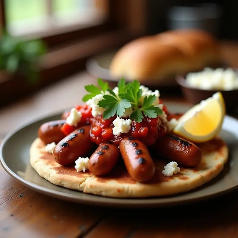 Plato de Cevapi Balcánicos con Ajvar y Lebni: hamburguesas de carne especiada alargadas, doradas a la parrilla, servidas en pan pita integral con salsa cremosa de lebni y ajvar rojo, decoradas con hierbabuena fresca y rodajas de limón.