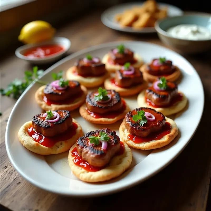 Brochetas de cevapi balcánico de cerdo y ternera asadas a la parrilla, servidas en pan lepinja con ajvar rojo, cebolla morada y perejil fresco. Receta tradicional balcánica alta en proteína.
