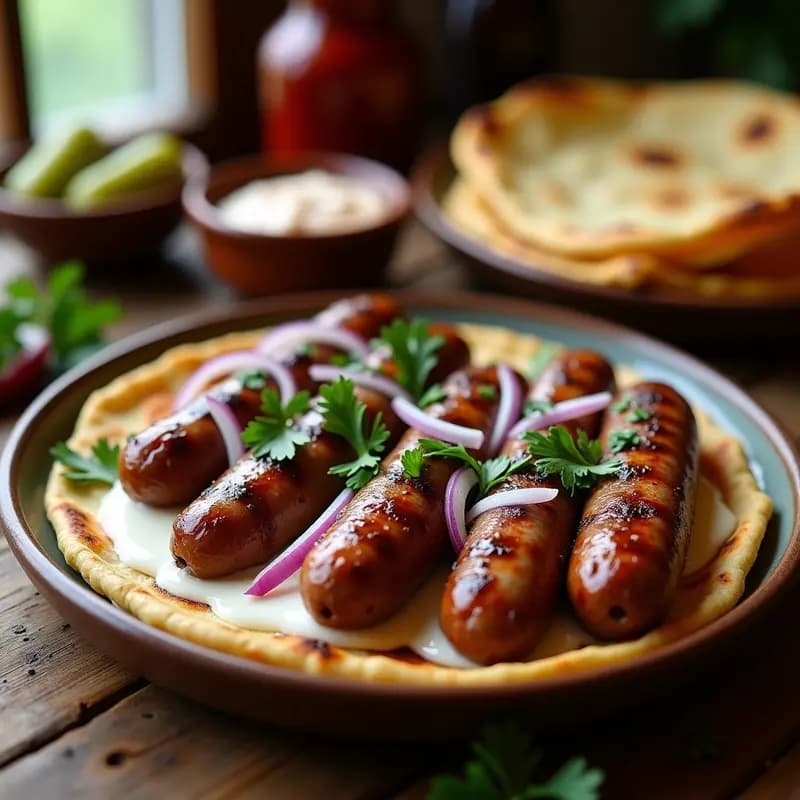 Plato rústico de madera con cevapi balcánico de cordero a la parrilla, servido en pan lepinja con salsa de yogur y ajo, hojas de lechuga y ajvar al lado.