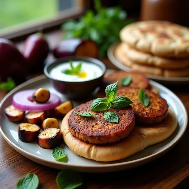 Plato de cevapi veganos de seitán y berenjena asada, servidos en pan de pita integral con salsa de yogur y menta fresca, estilo balcánico.