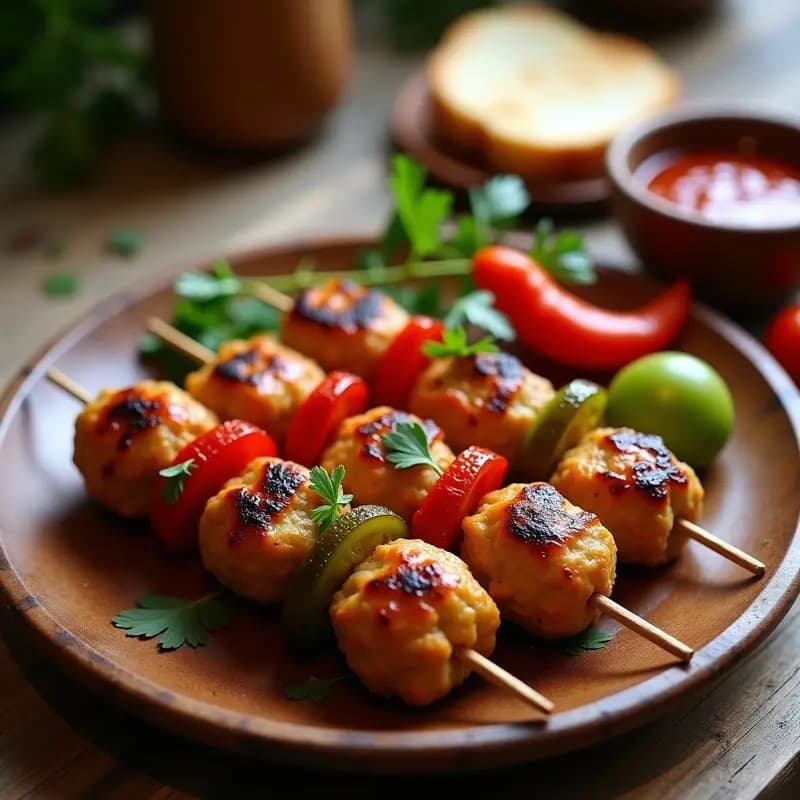 Brochetas de cevapi balcánico de seitán y pimientos asados, doradas a la parrilla, servidas sobre pan de lezna con crema de ajvar rojiza y perejil fresco espolvoreado. Plato tradicional vegano con toque ahumado.