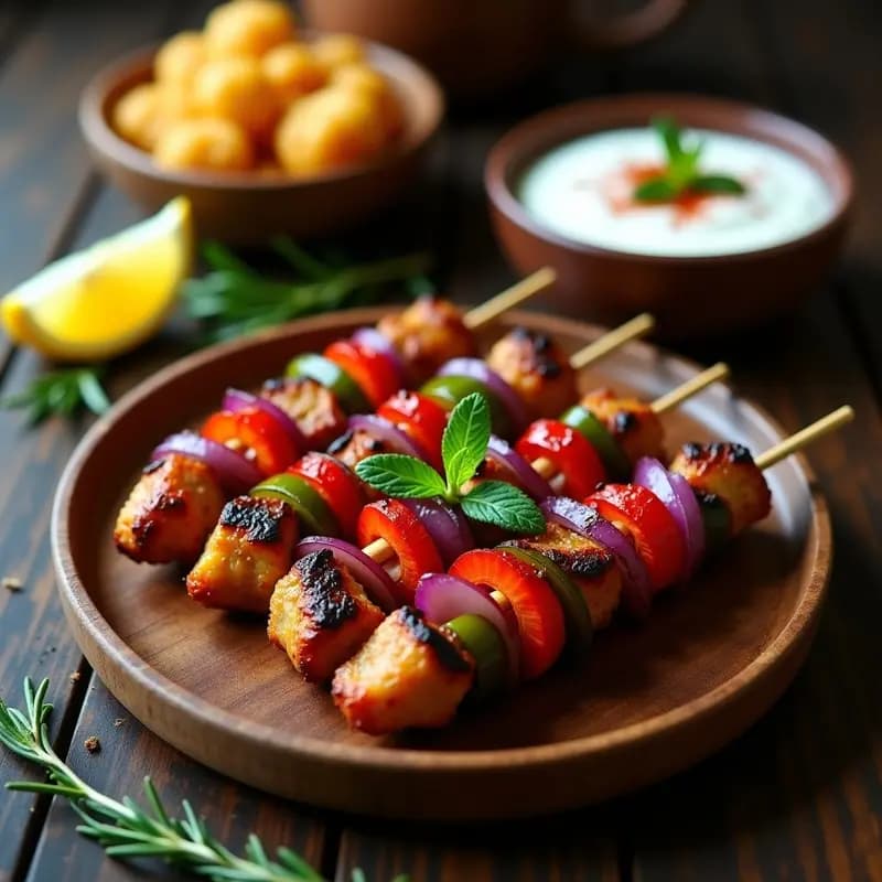 Brochetas de cevapi balcánicos con trozos de seitán dorado, pimientos asados rojos y verdes, y cebolla morada, servidas en un plato de madera con hierbas frescas y salsa de yogur vegano al lado.