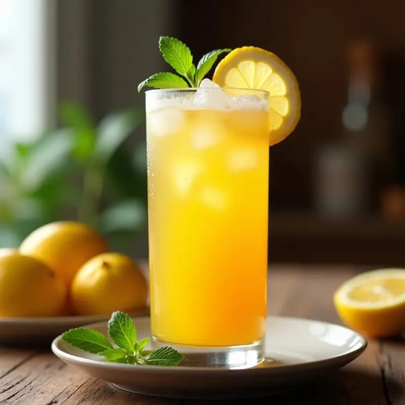 Vaso alto transparente con cevere de camu camu y limón, bebida peruana antioxidante de color ámbar claro, decorado con hielo picado, rodajas de limón y una rama de hierbabuena, sobre una mesa rústica de madera con fondo desenfocado.
