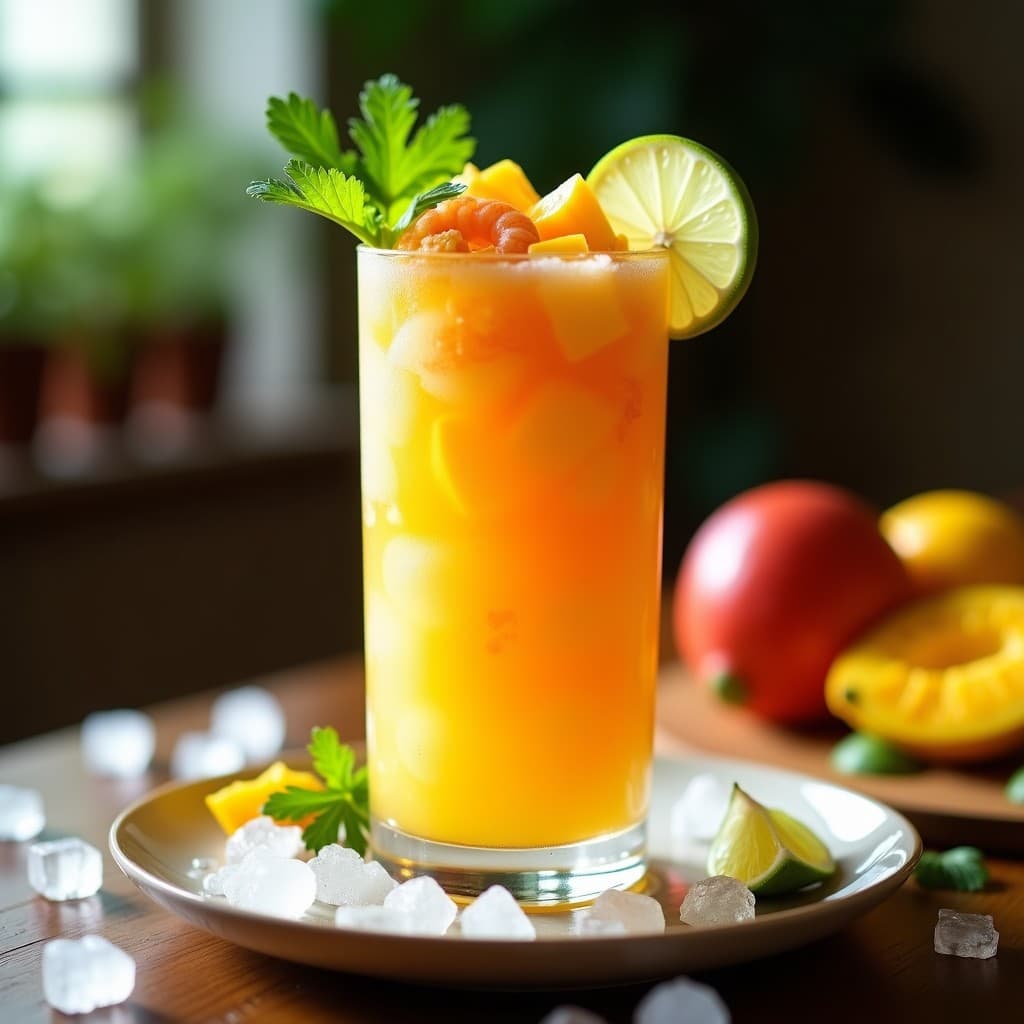 Vaso alto transparente con Cevi-Ice, granizado de ceviche de mango peruano, decorado con cubos de mango fresco, cilantro y rodaja de limón al borde. Fondo borroso con hielo y ají amarillo.