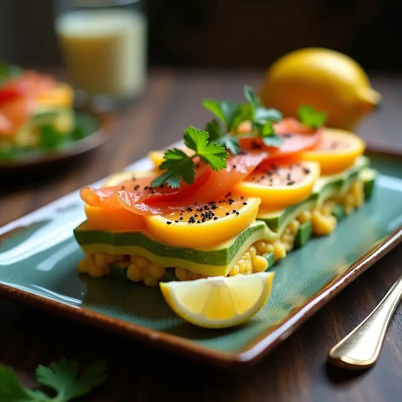 Cevi-Lasagna de Mango y Salmón Ahumado con Crema de Limón servida en molde rectangular de cristal, capas visibles de mango amarillo, salmón rosado, aguacate verde y crema blanca, decorada con semillas de sésamo y cilantro fresco sobre fondo oscuro.