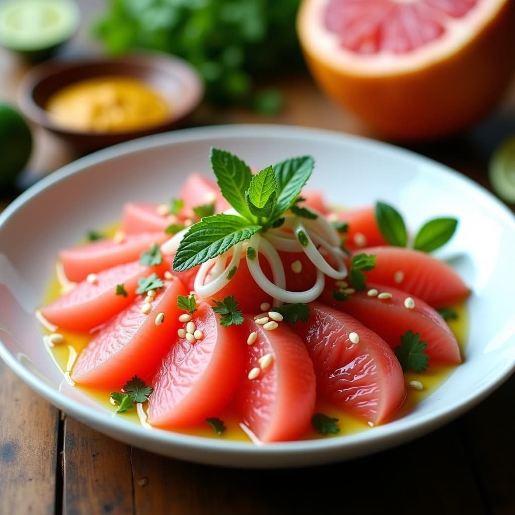 Plato blanco hondo con ceviche de alcachofa de Jerusalén en rodajas finas y pomelo rosa en cubos, decorado con hojas de menta, semillas de sésamo y cilantro picado. Fondos de cebolla morada y ají amarillo. Receta vegana peruana con toque ácido.
