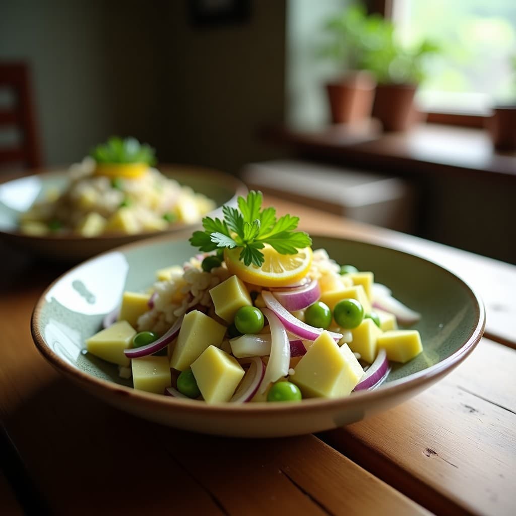 Copa transparente con ceiche de corazón de alcachofa y limón, decorado con rodajas de limón, cilantro fresco y aguacate en cubos, sobre fondo rústico de madera. Plato vegano español con toque ácido y colorido.