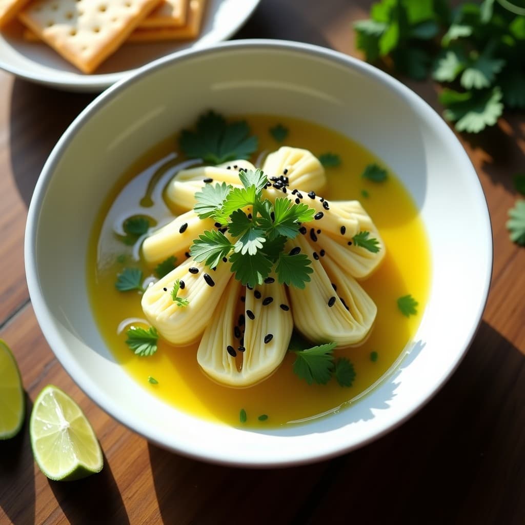 Plato hondo de cerámica blanca con ceviche de corazón de alcachofa y algas wakame, bañado en leche de tigre amarilla. Decorado con semillas de sésamo negro, cilantro fresco y hojas de shiso. Acompañado de rodajas de limón vert y crackers de arroz al lado.