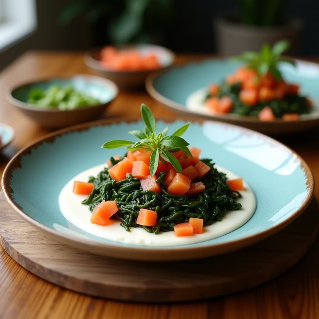 Copa de cristal transparente con ceviche de algas wakame con leche de coco, decorado con rodajas de limón vert, semillas de sésamo y hojas de cilantro sobre fondo de madera clara.