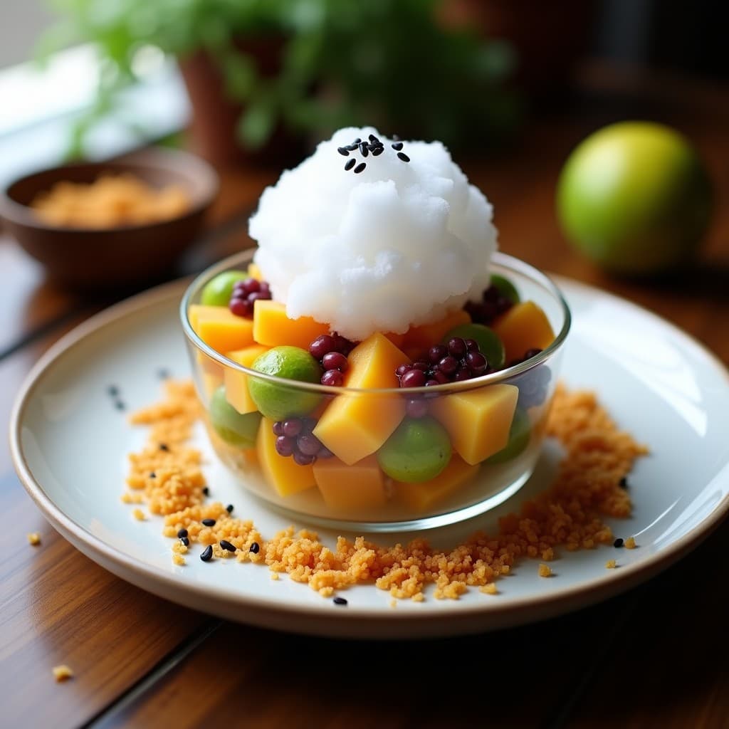 Copa transparente con ceviche de algodón de azúcar y limón con crujiente de maíz morado, mostrando capas de papaya y mango marinado en limón, decorado con algodón de azúcar blanco y semillas de sésamo negro sobre fondo rústico de madera.