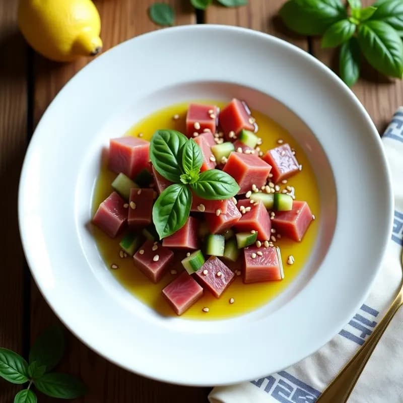 Ceviche de atún rojo en cubos perfectos, marinado con aceite de oliva virgen extra y aceitunas Kalamata machacadas, acompañado de cebolla morada, apio y pepino picados finamente. Servido en un plato blanco con semillas de sésamo tostadas y hojas de albahaca fresca.