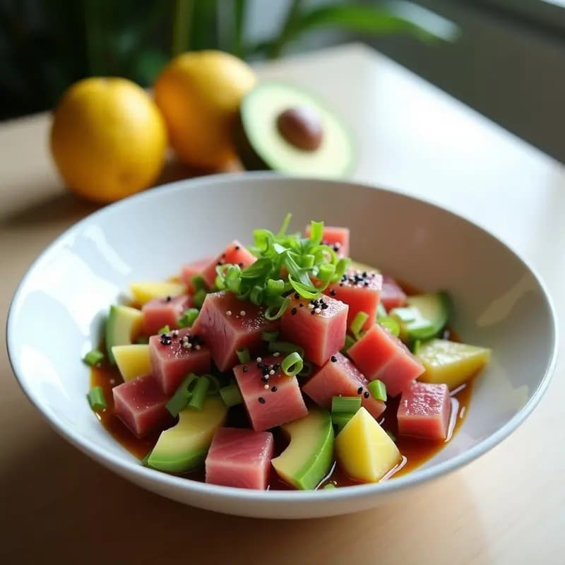 Plato blanco ovalado con ceviche de atún en cubos rosados, aguacate verde cremoso, semillas de sésamo negro y cebollino picado, bañado en vinagreta de cítricos japoneses, receta fresca y alta en omega-3.