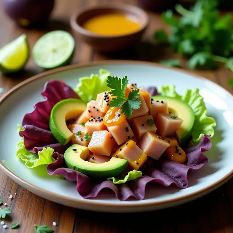 Ceviche de atún fresco en cubos sobre hojas de lechuga morada, acompañado de láminas de aguacate hass, salsa de maracuyá dorada y semillas de sésamo negro. Plato frío y vibrante con toques cítricos, típico de la cocina peruana gourmet.
