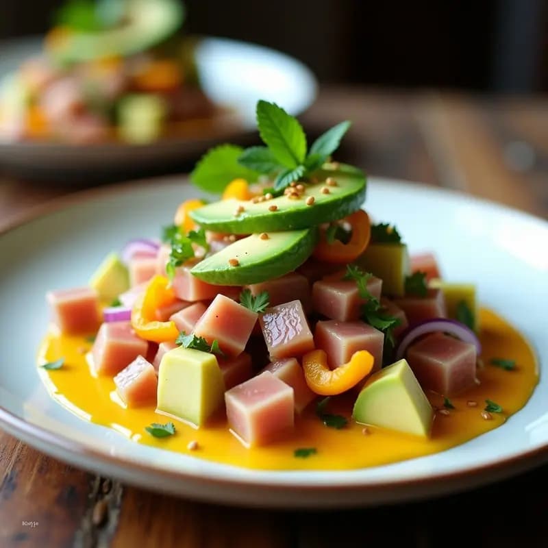Ceviche de atún fresco en cubos con aguacate cremoso, salsa de maracuyá amarilla vibrante, cebolla morada, cilantro y semillas de sésamo, servido en plato blanco con decoración de menta y pimiento amarillo.
