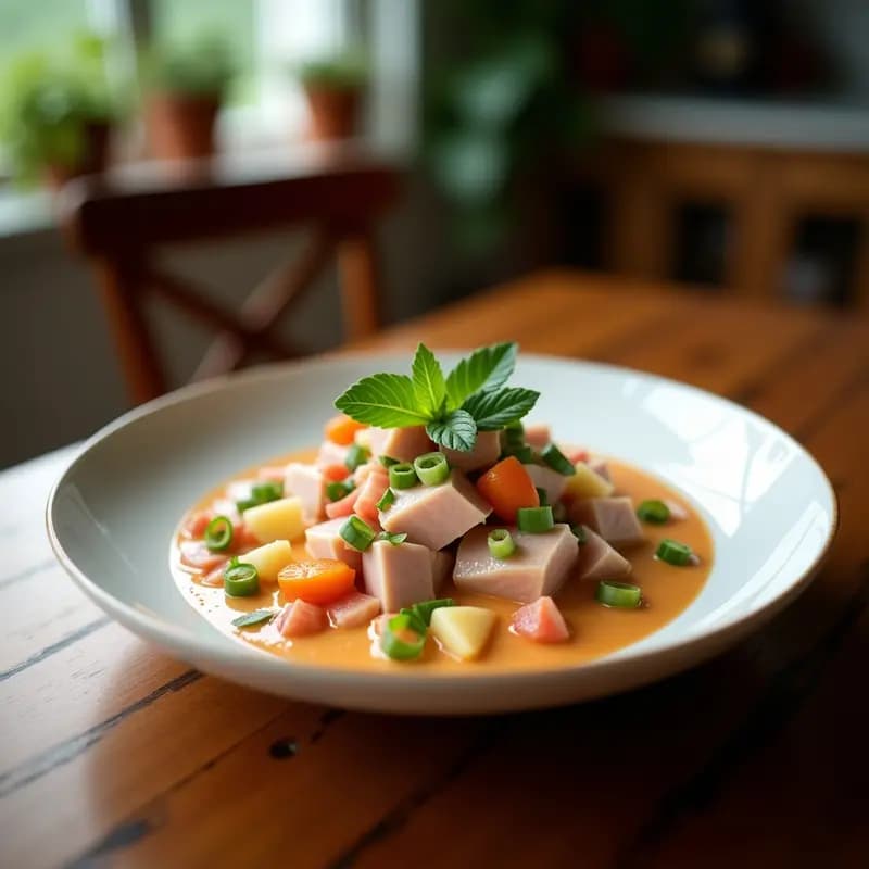 Plato blanco hondo con ceviche de atún en cubos, bañado en una salsa cremosa de leche de coco y cítricos, decorado con coco rallado tostado, cebolla morada en juliana, cilantro fresco y hojas de lima kaffir. Acompañado de tostadas de yuca y rodajas de lima.