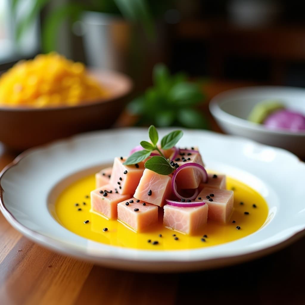 Plato de ceviche de atún con leche de tigre de maracuyá, servido en copa de cristal con cubos de atún rosado, cebolla morada en juliana, semillas de sésamo negro y hojas de shiso morado. Acompañado de cancha serrana y decorado con hilo de aceite de sésamo.