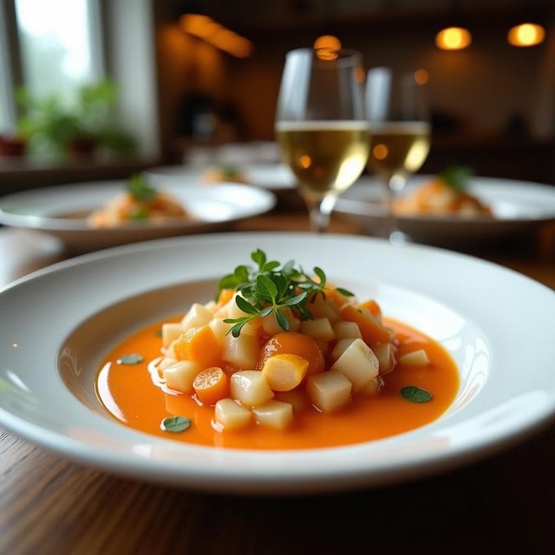 Ceviche Nikkei de atún rojo en dados sobre plato de cerámica negra, bañado en leche de tigre de naranja sanguina, decorado con semillas de sésamo negro, cilantro fresco y rodajas de naranja sanguina. Presentación elegante y vibrante.