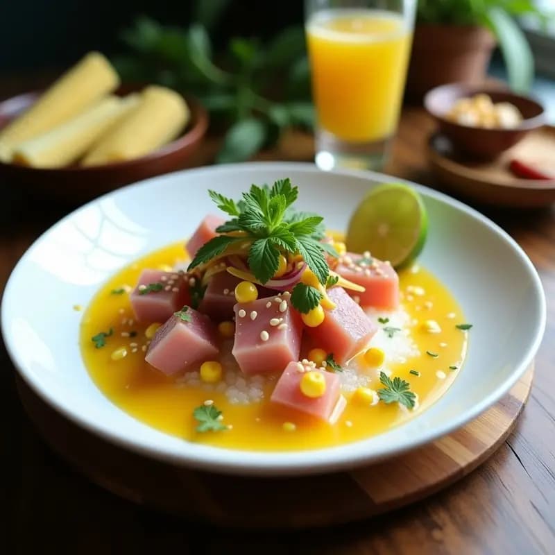 Plato hondo de cerámica blanca con ceviche de atún fresco en cubos, marinado en leche de tigre de maracuyá y lulo, acompañado de papa camot amarillo, choclo tierno y hojas de lechuga romana. Decorado con cilantro fresco y un hilo de aceite de oliva.