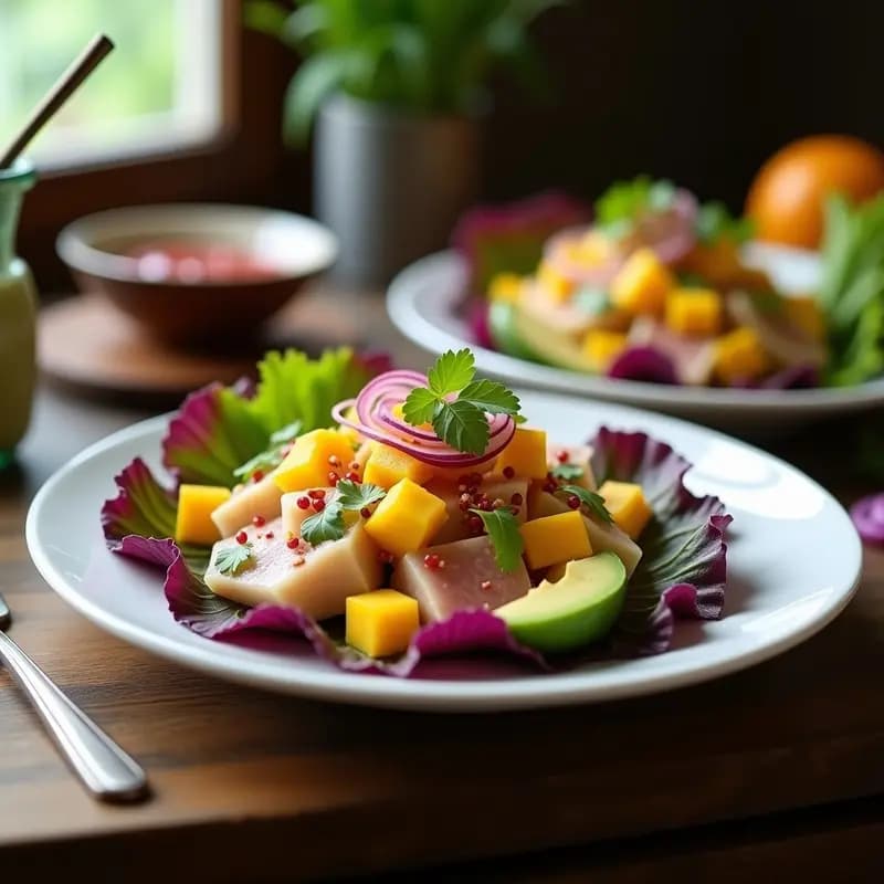 Ceviche de atún con mango y aguacate servido en hojas de lechuga morada, con láminas de aguacate y cubos de mango frescos por encima, decorado con pimienta rosa y cilantro. Plato colorido y fresco, típico de la cocina peruana tropical.
