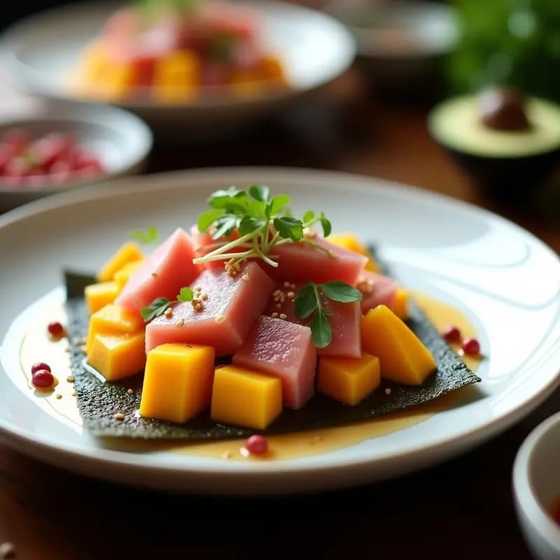 Plato de cerámica blanca con ceviche de atún en cubos rosados, mango amarillo en dados, cebolla morada en juliana y cilantro fresco, bañado en leche de tigre naranja. Decorado con láminas de alga nori, semillas de sésamo y pimienta rosa, sobre fondo de madera oscura.