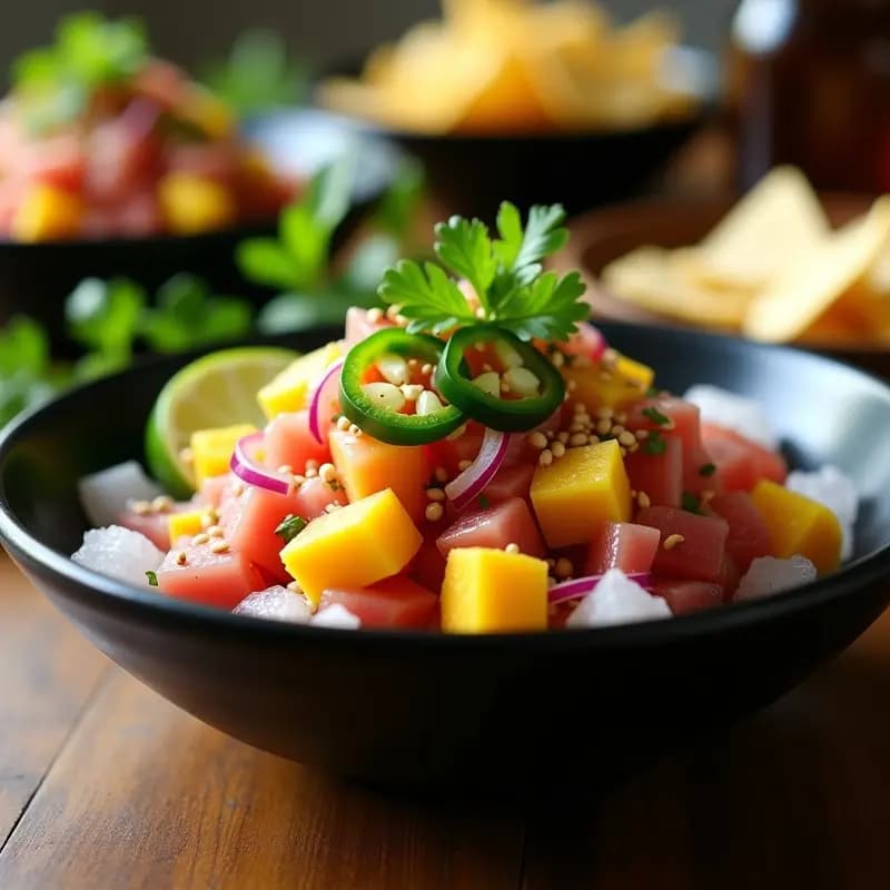 Plato hondo de cerámica negra con ceviche de atún en cubos rosados, trozos de mango amarillo, jalapeño verde picado y semillas de sésamo doradas. Decorado con cilantro fresco y rodajas de jalapeño sobre un fondo de hielo picado. Receta peruana-mexicana explosiva.