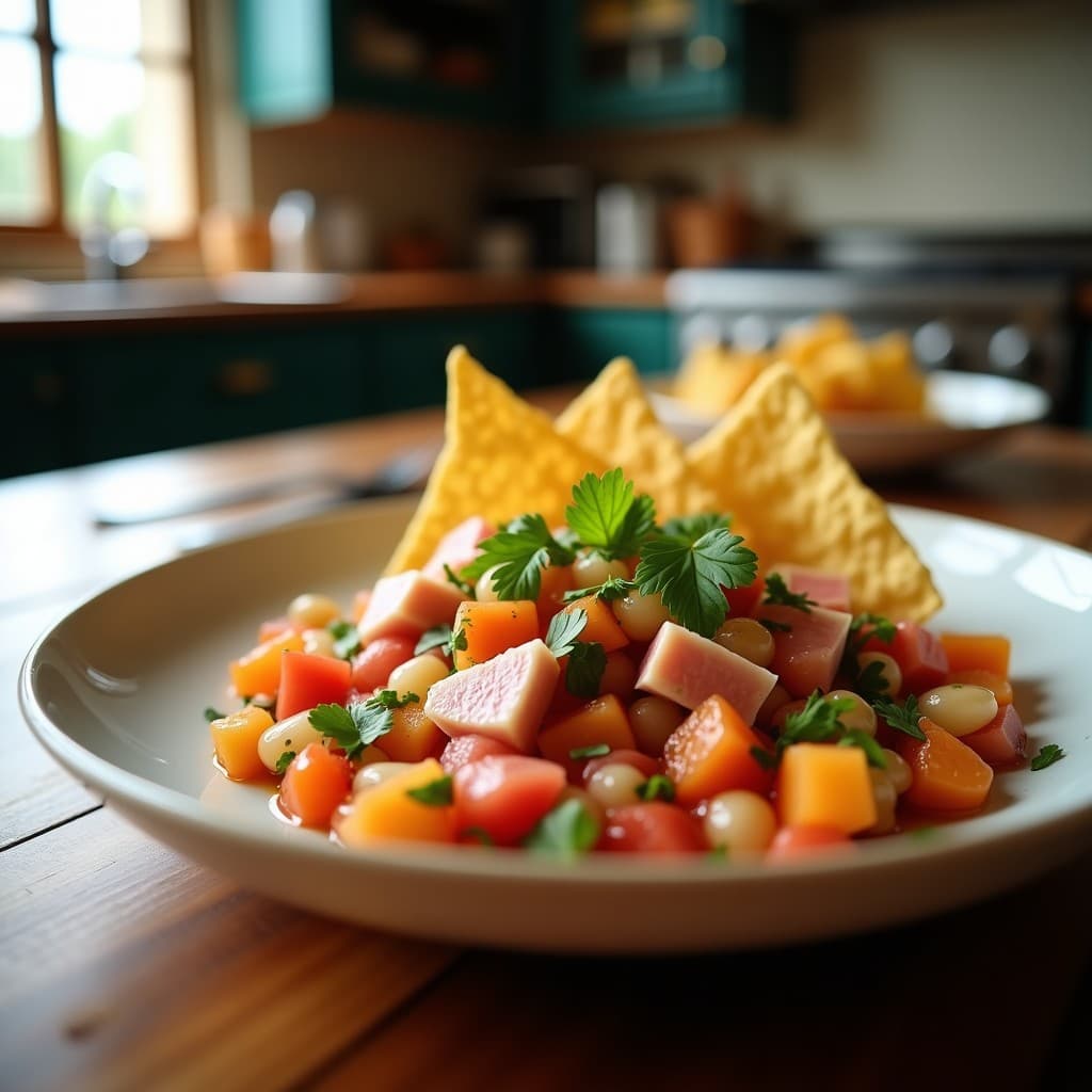 Plato de ceviche Nikkei con atún fresco en cubos marinados en leche de tigre de maracuyá, decorado con alicates semiesféricos de leche de coco, semillas de sésamo negro, cilantro fresco y hojas de shiso. Servido en un bol de cerámica negra sobre fondo rústico de madera.
