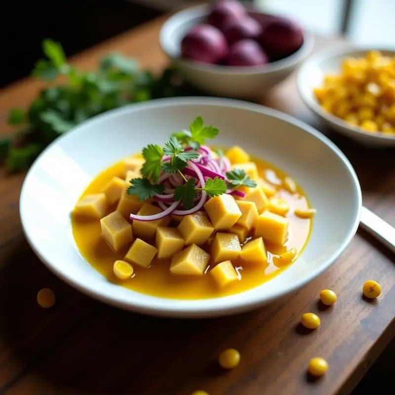 Ceviche de atún fresco en cubos marinados en leche de tigre amarilla con cúrcuma, rodeado de rodajas de cebolla morada, apio, cilantro y semillas de maracuyá, servido sobre hielo picado en un plato de cerámica negra, con almendras tostadas espolvoreadas.