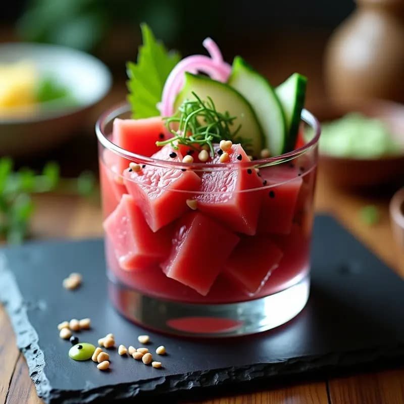 Ceviche de atún con pepino y wasabi servido en copa de cristal, con cubos de atún rojo, juliana de pepino, cebolla morada, semillas de sésamo negras y decoración de algas nori y pimienta rosa. Receta Nikkei con toque japonés fresco y elegante.